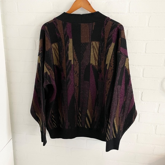 Vintage Knit Sweater Cardigan 3D knit Grandpa Dad energy Kurt Cobain Black Tan L - Picture 9 of 13